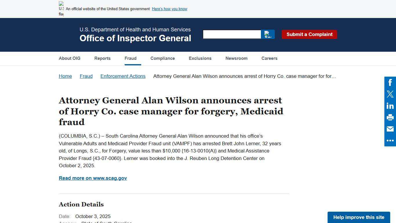 Attorney General Alan Wilson announces arrest of Horry Co. case manager for forgery, Medicaid fraud | Office of Inspector General | Government Oversight | U.S. Department of Health and Human Services